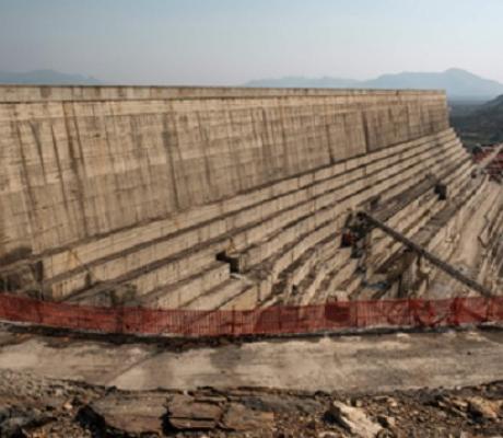 Water flows through Ethiopia's Grand Renaissance Dam as it undergoes construction work on the river