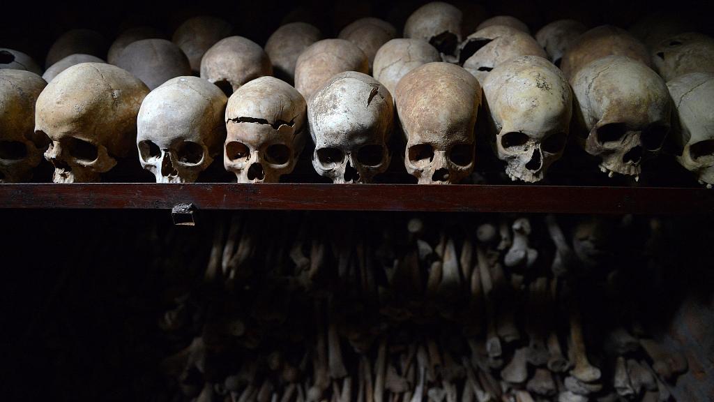 (FILES) This file photo taken on April 4, 2014 shows human skulls exhibited at the Genocide memorial in Nyamata, inside Catholic church where thousands were slaughtered  