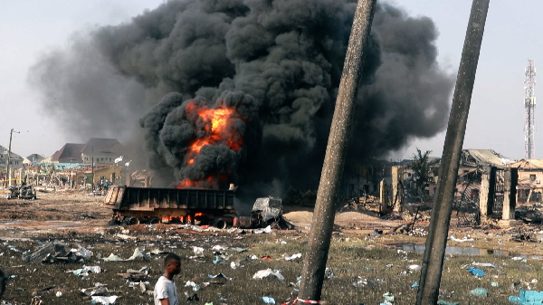 One of the oil tankers in flames after the explosion