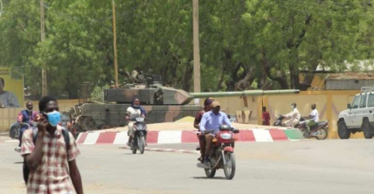 A tank positioned at a roundabout in Chad's capital N'Djamena on Monday