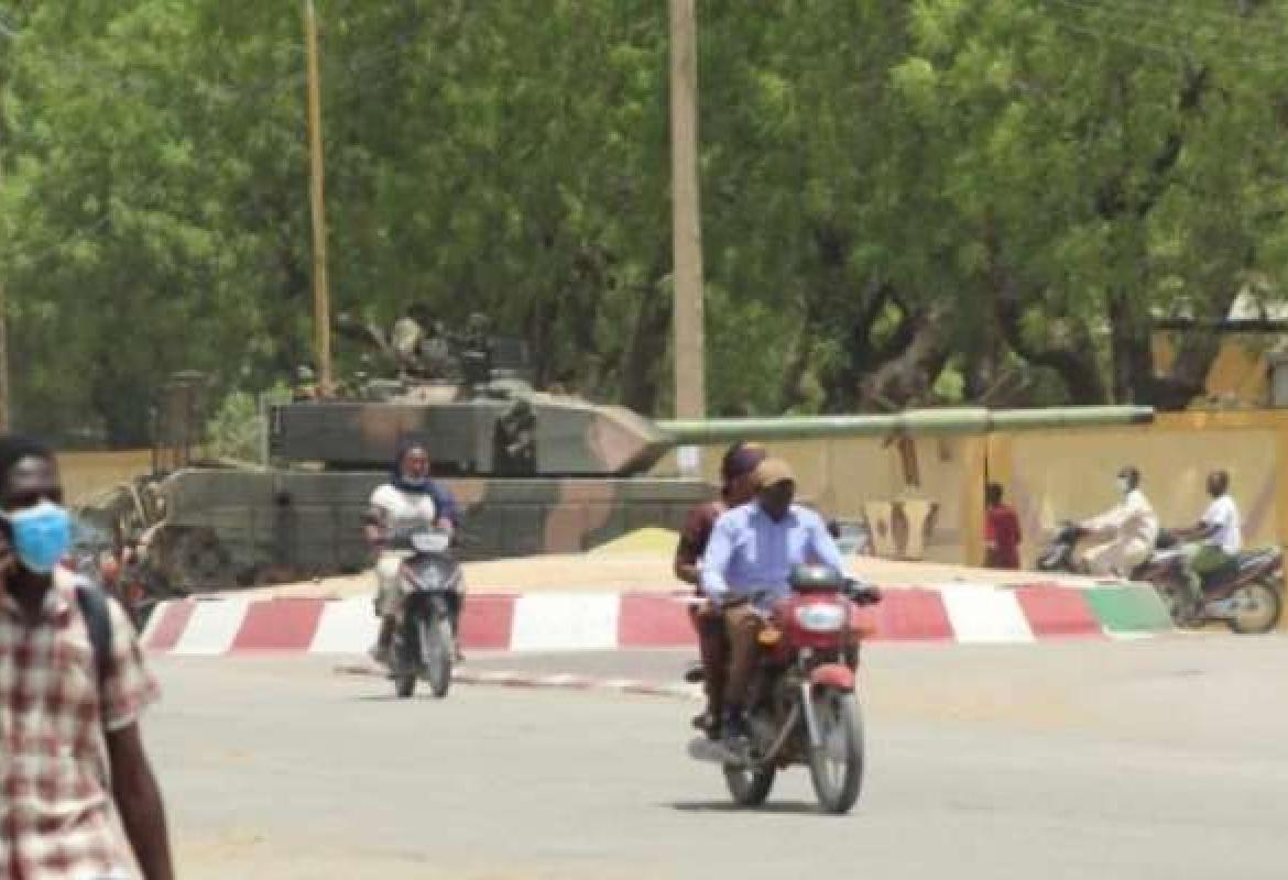 A tank positioned at a roundabout in Chad's capital N'Djamena on Monday
