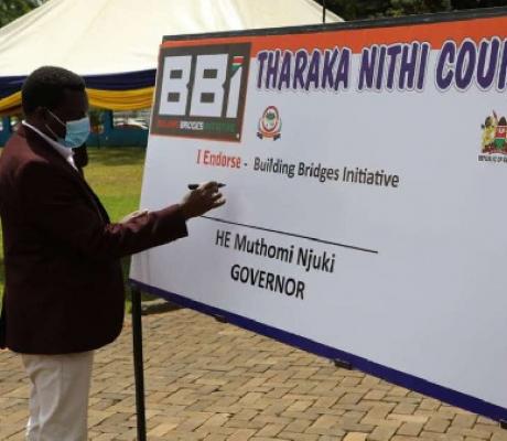 Tharaka Nithi Governor Muthomi Njuki signs a dummy BBI endorsement form, PHOTO | FILE | NMG