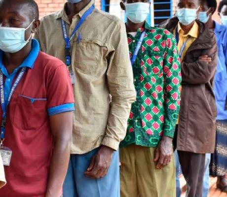 Community Health Workers lining up to receive Covid-19 vaccine at Kirehe Health Center