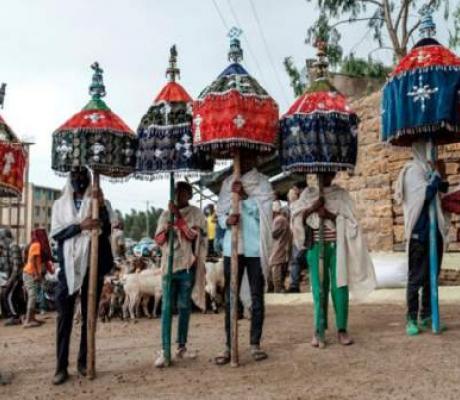 Ethiopian Orthodox devotees held a procession on the eve of the Ethiopian New Year