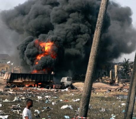 One of the oil tankers in flames after the explosion