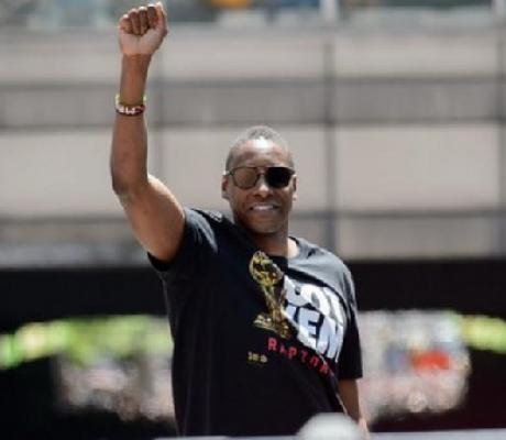 President of the Toronto Raptors basketball team Masai Ujiri celebrates his sides win in the 2019 NB