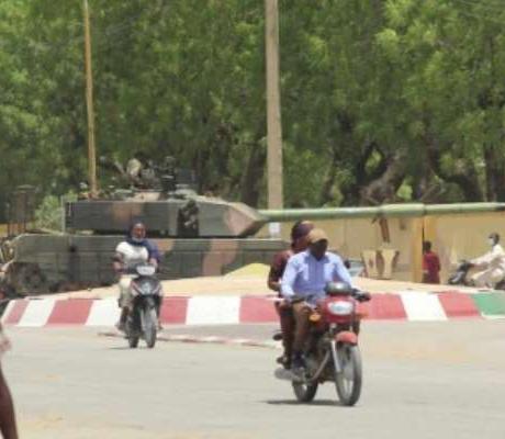 A tank positioned at a roundabout in Chad's capital N'Djamena on Monday